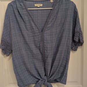 Blue Tie-Front Blouse with Lace Trim
